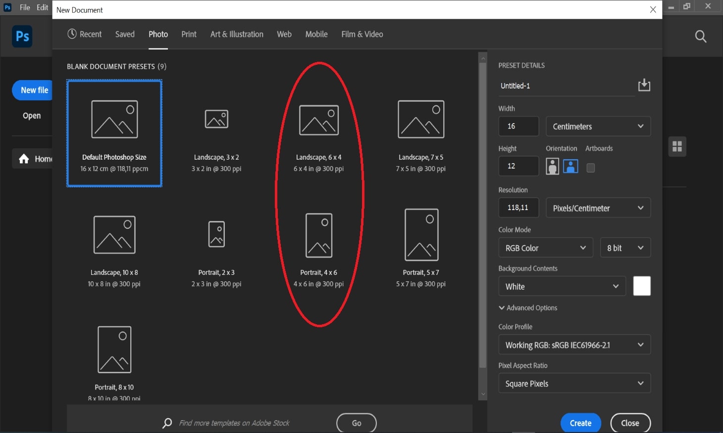 selecting correct canvas size