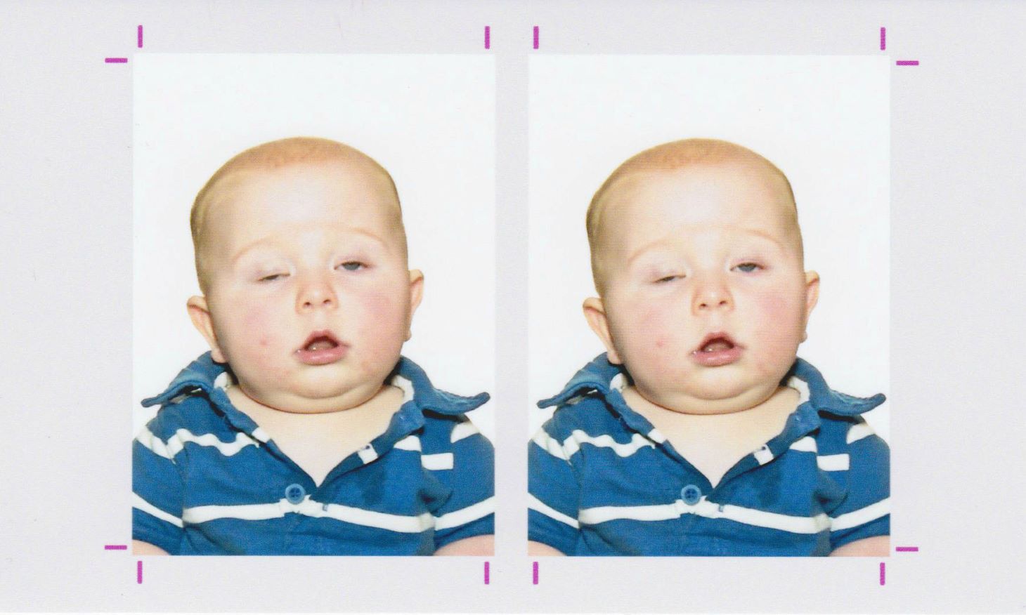 two passport photos of a baby half asleep