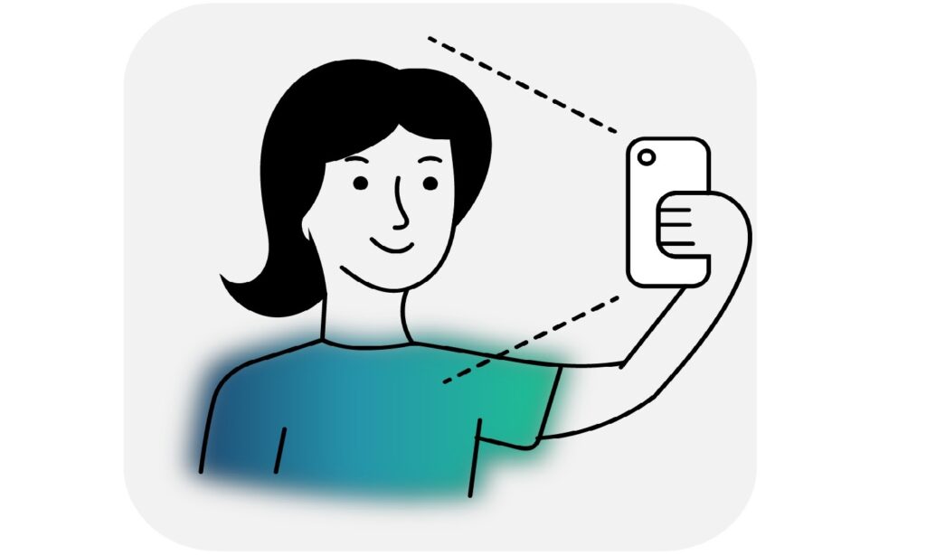 Illustration of a woman taking a passport photo with a smartphone at home