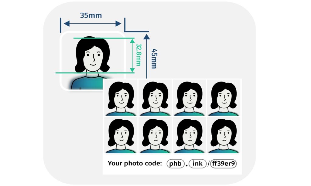 Digital UK passport photo with 35x45 mm size and a print layout with 8 copies and a photo code