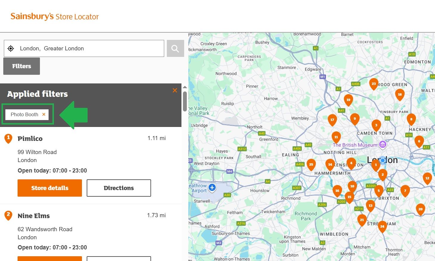 Screenshot of the Sainsbury’s Store Locator with the “Photo Booth” filter applied to search for passport photo booth locations.