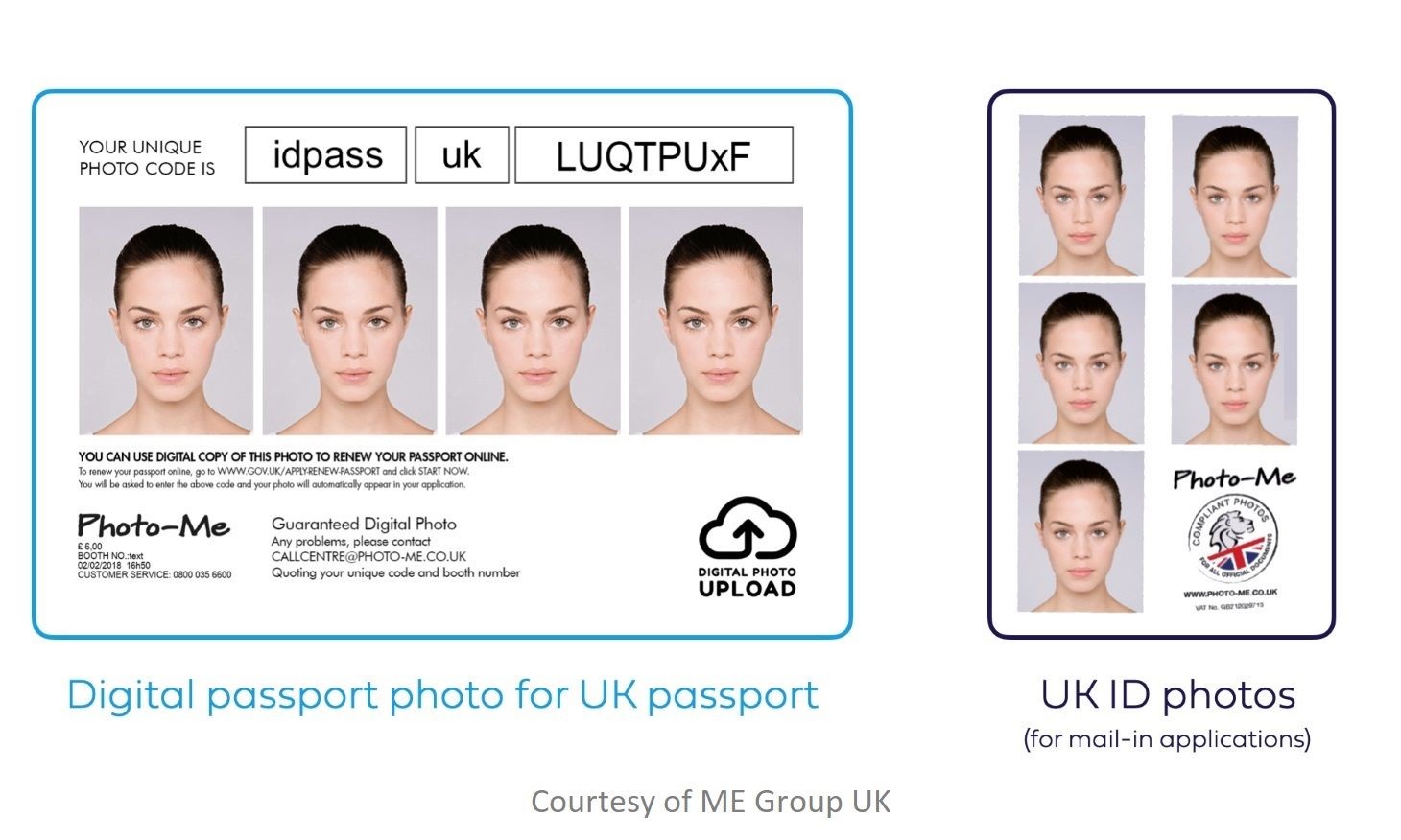 Example of a printed passport photo sheet with four images and a digital photo code, alongside a UK ID photo layout with six images.