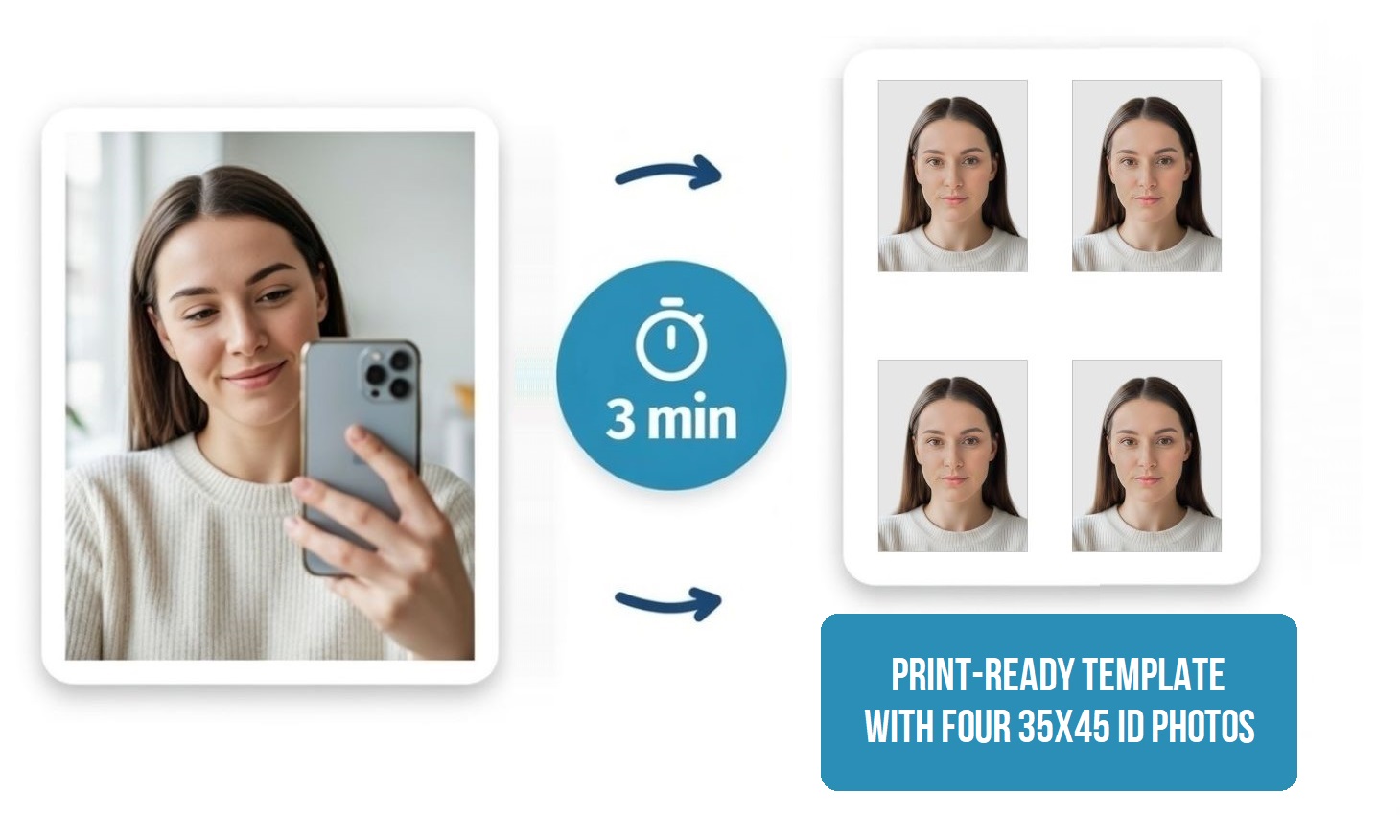 taking a passport photo on a smartphone and converting it into a print-ready 35x45 mm passport photo template with PhotoBooth Online
