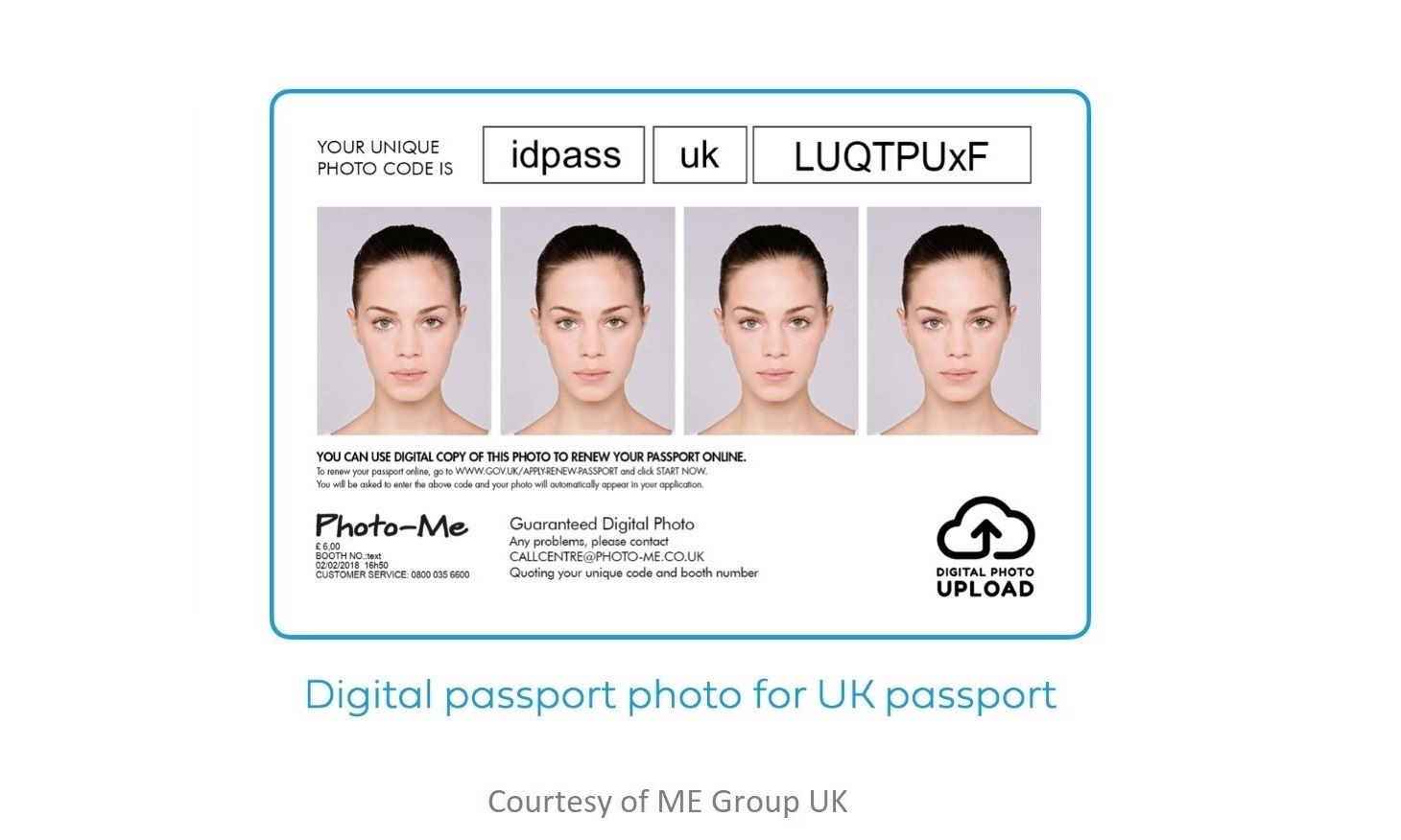 Example of a printed passport photo sheet with four images and a digital photo code.
