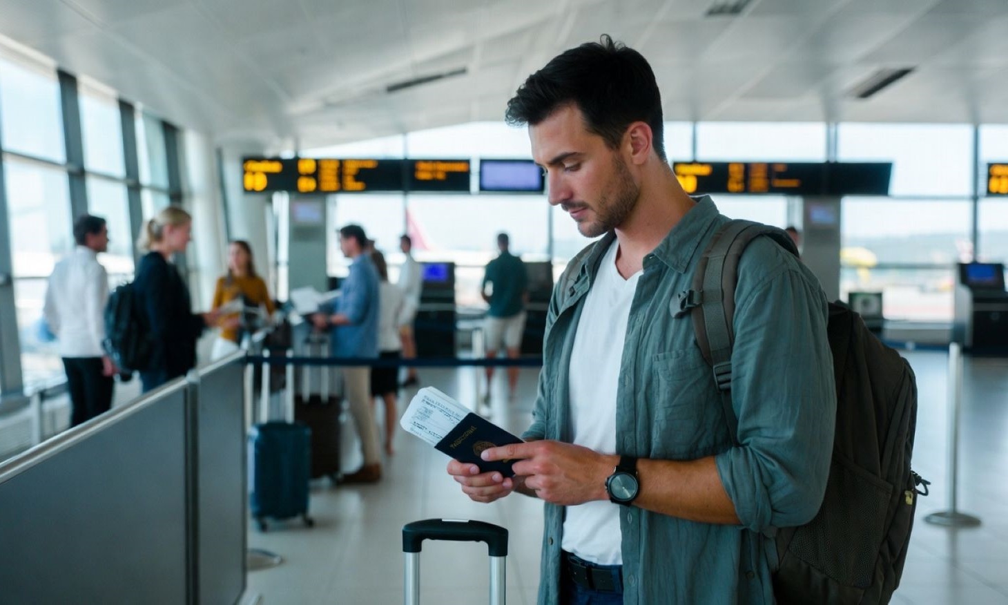 traveller at airport with their UK passport ready for international travel