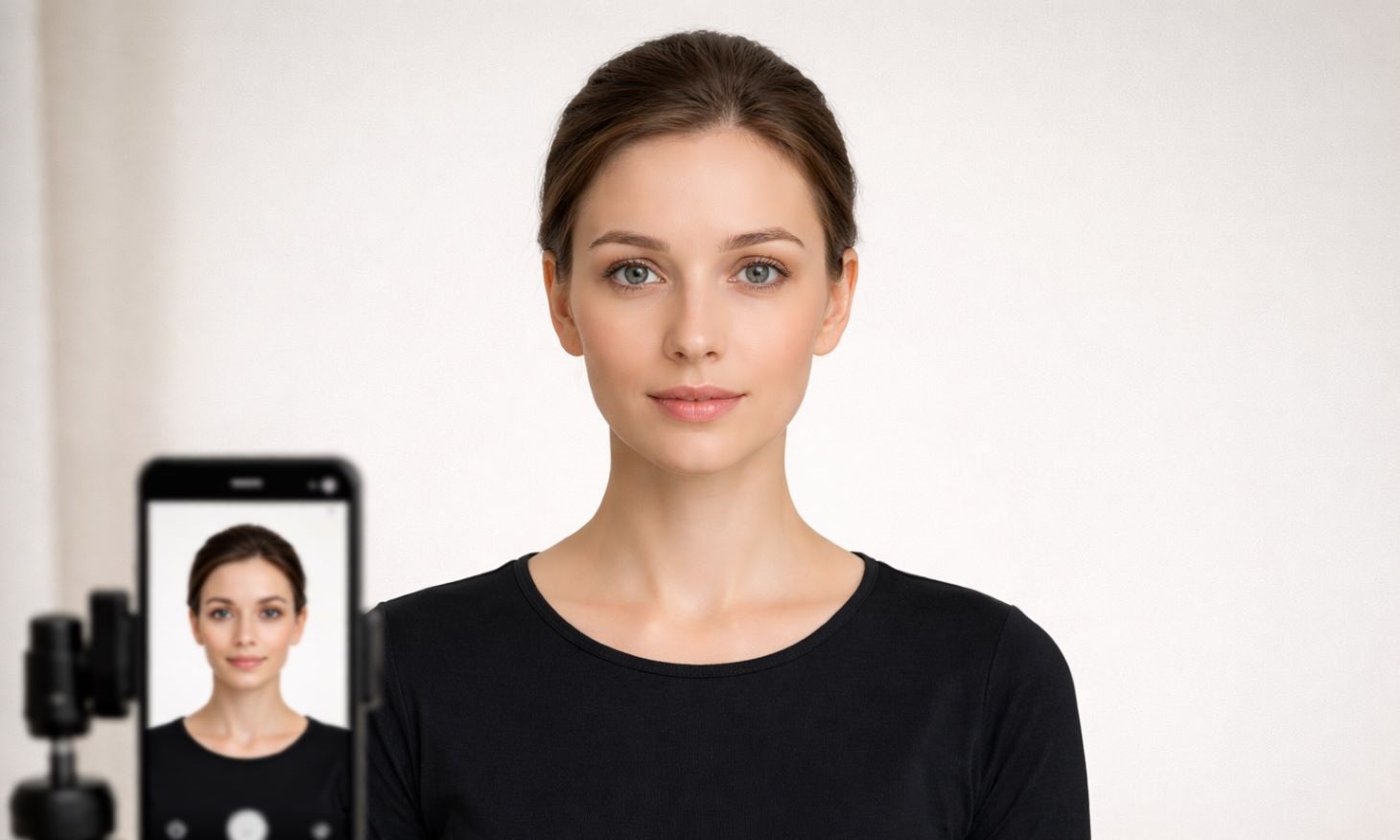 woman taking a UK passport photo using a phone and a tripod