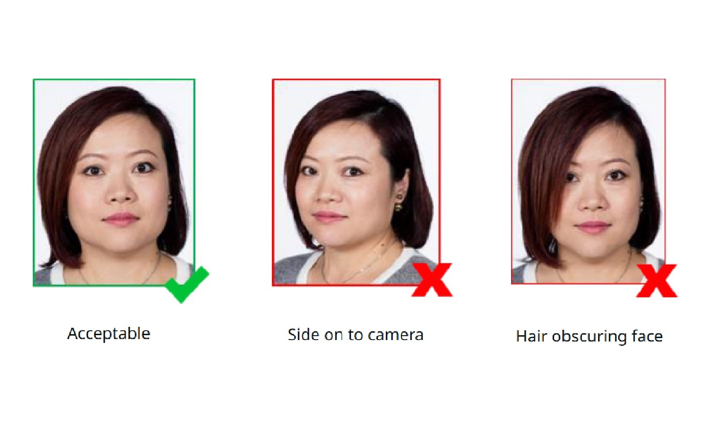 examples of one correct photo and two incorrect photos (with the head turned and hair obscuring the face)