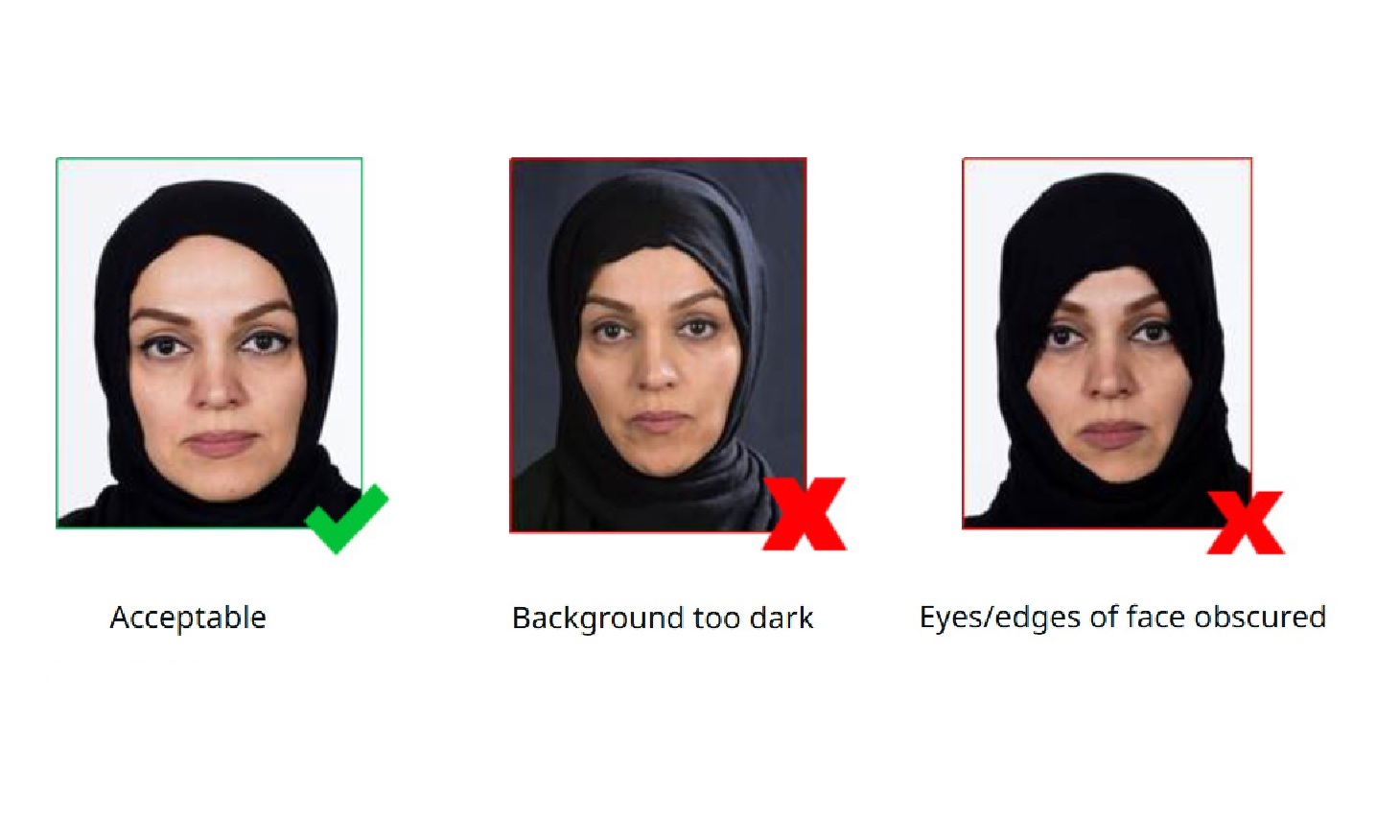 examples of one correct photo and two incorrect photos (with dark background and obscured face)