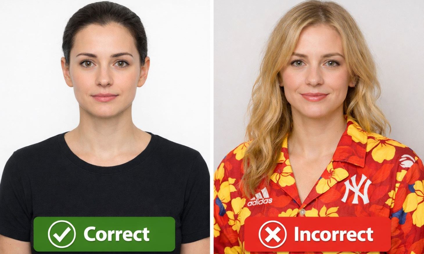 examples of correct and incorrect passport photo clothes