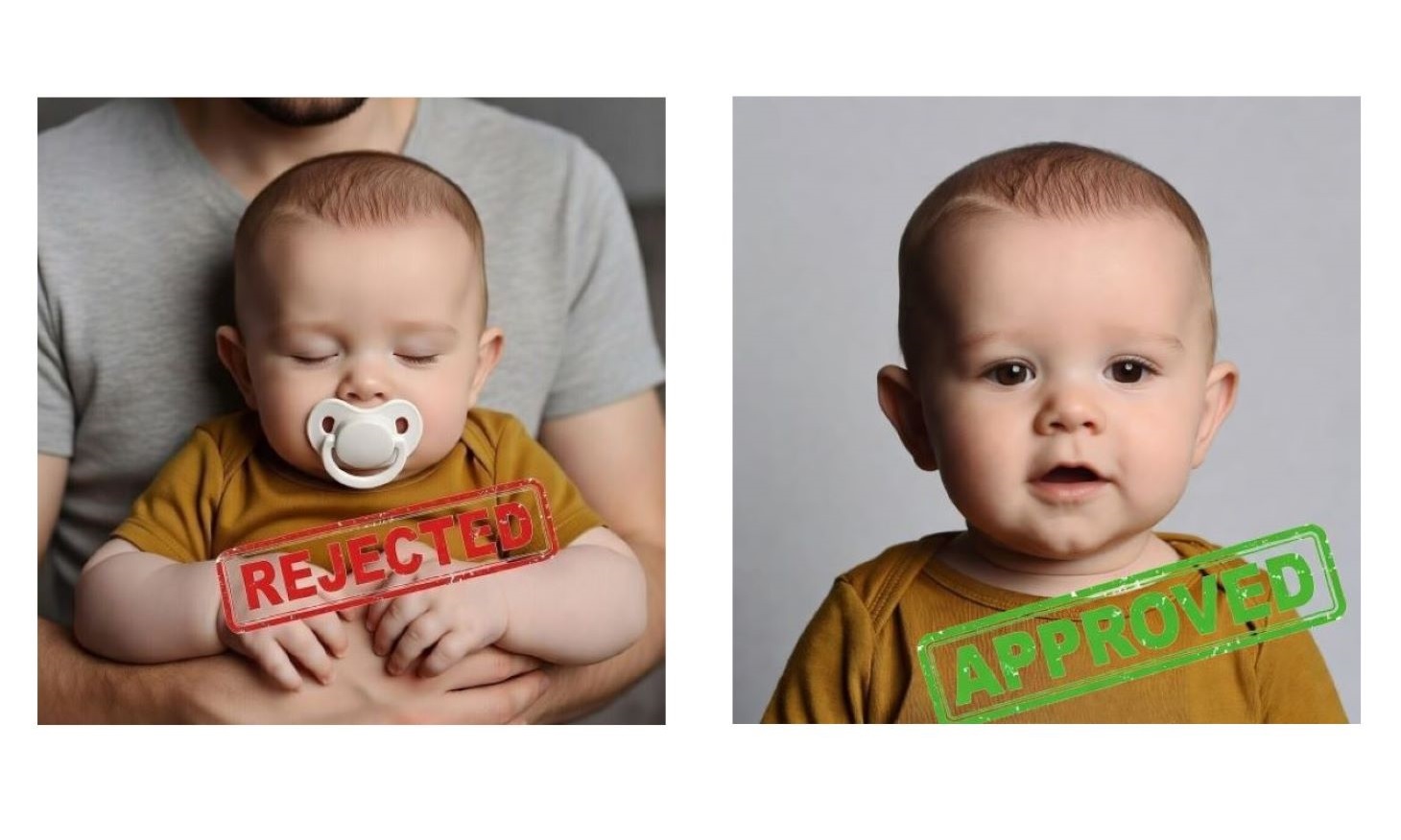 rejected vs approved UK baby passport photo example showing common mistakes