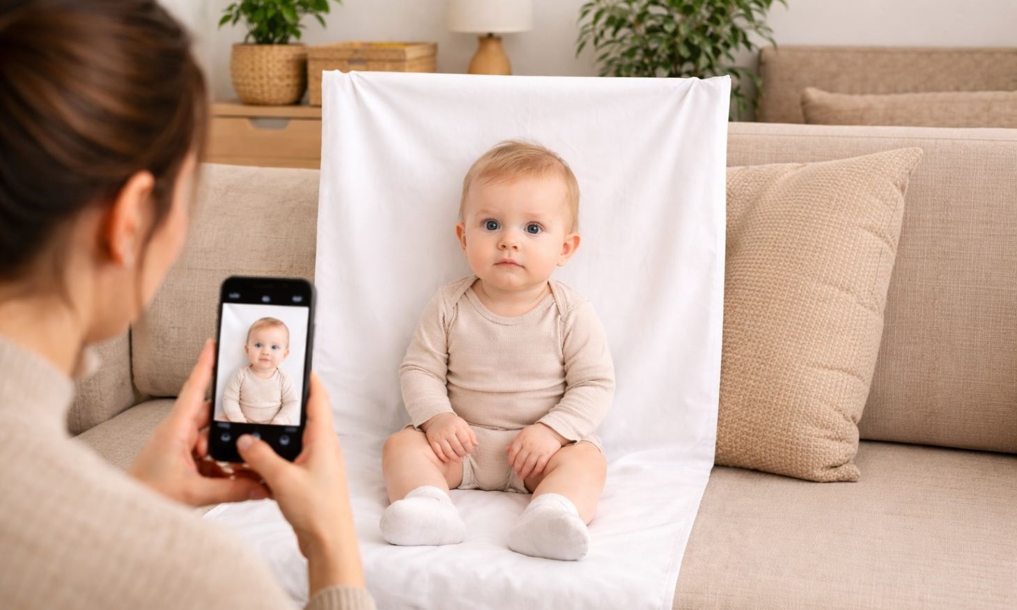 a woman taking a photo of her child at home