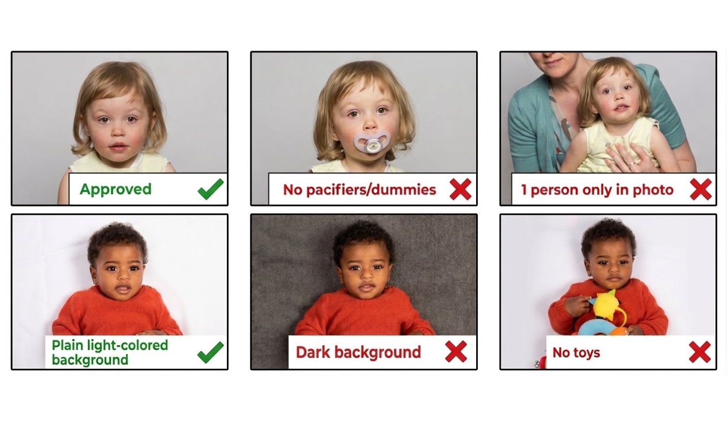 an image showing examples of approved and rejected baby passport photos