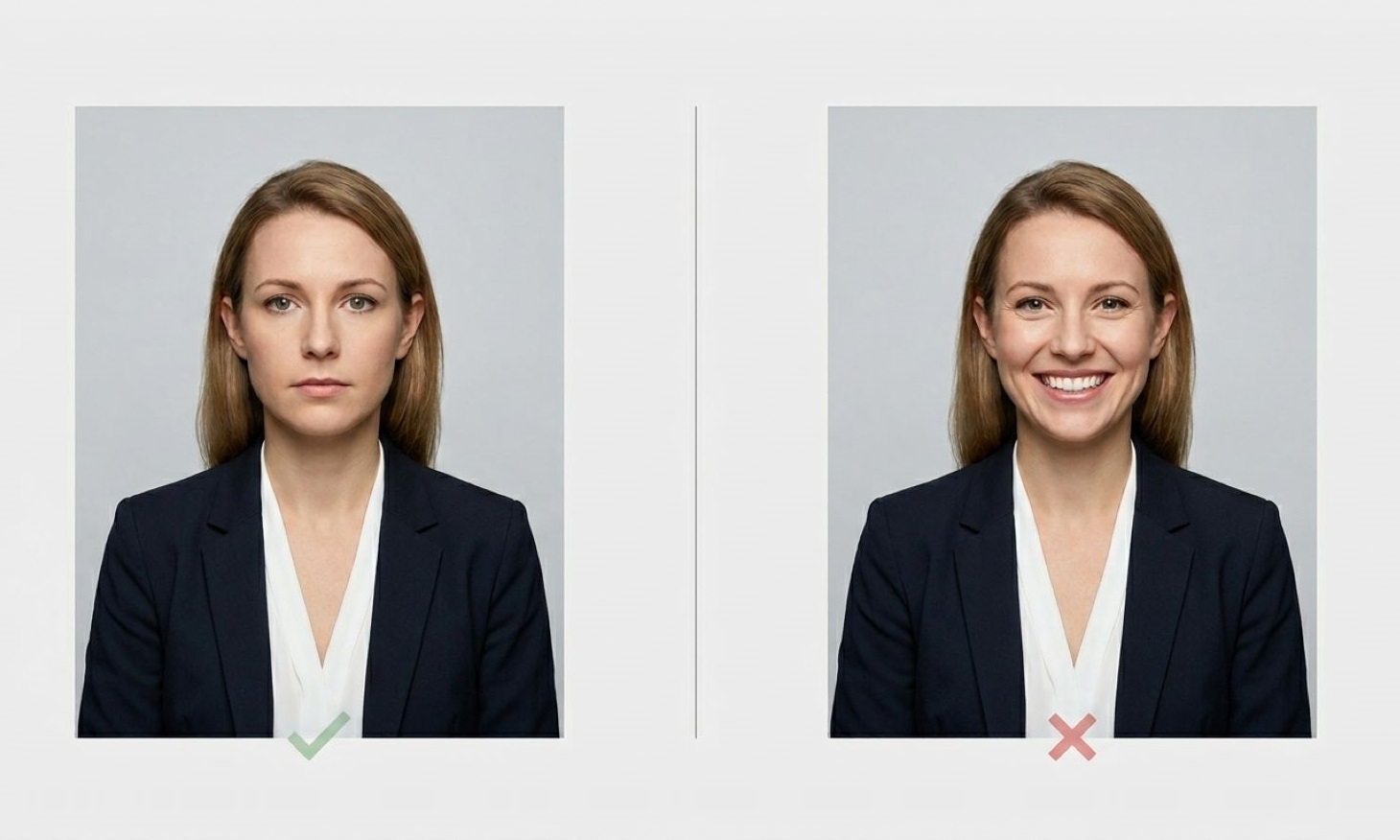 comparison of neutral expression vs smiling in passport photo