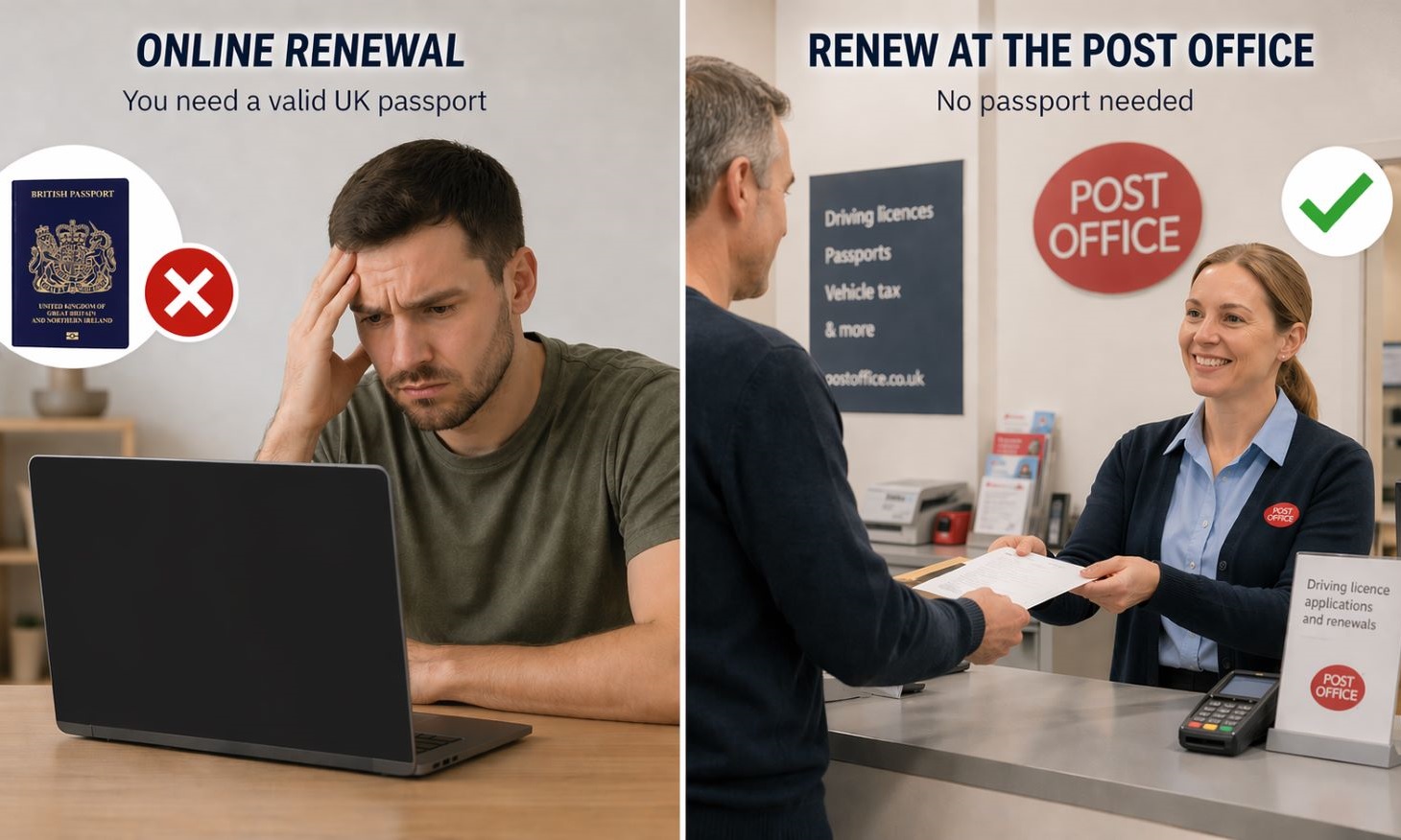 UK driving licence renewal options without passport online vs post office comparison