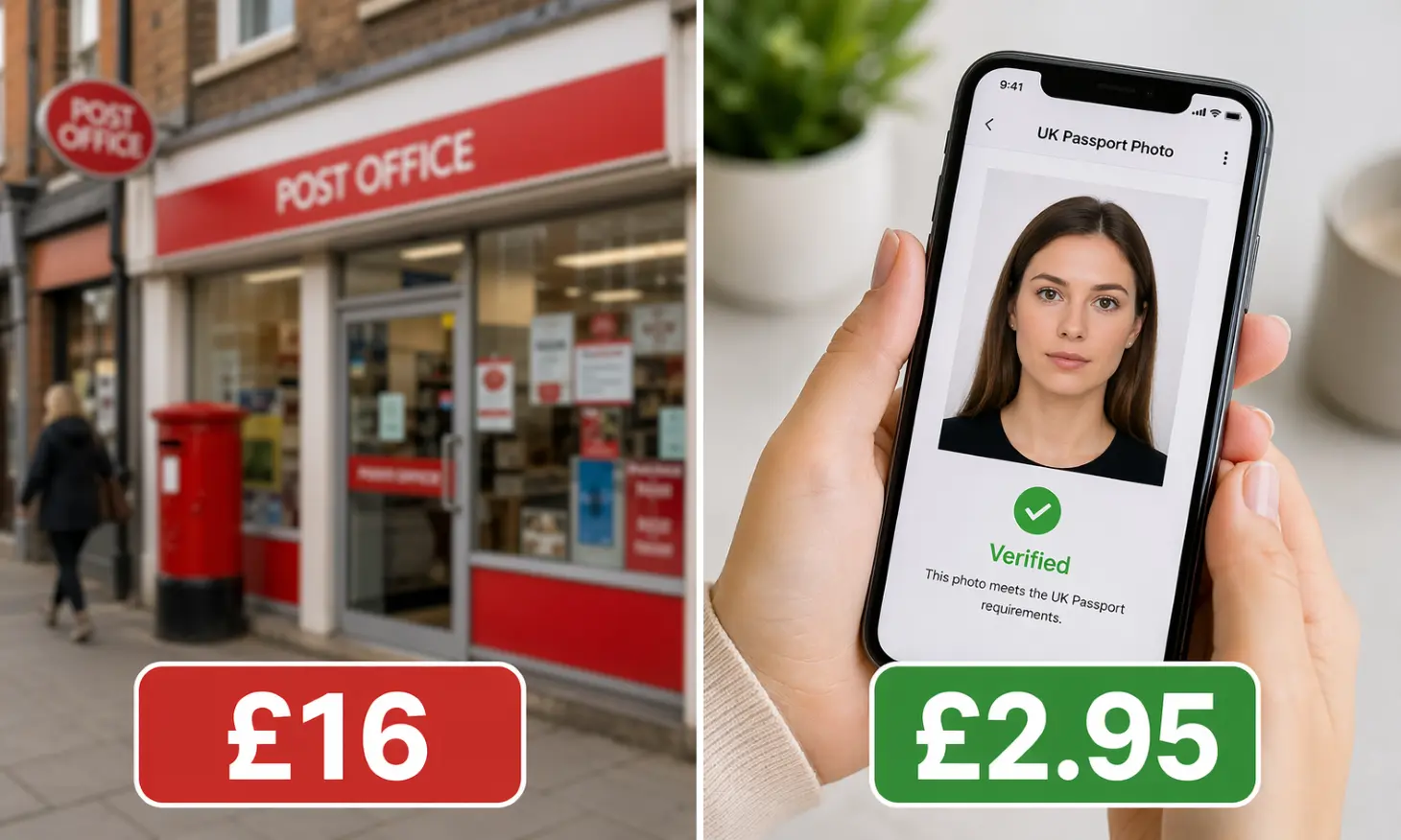 a comparison image showing a post office taking passport photos and a phone with a verified passport photo