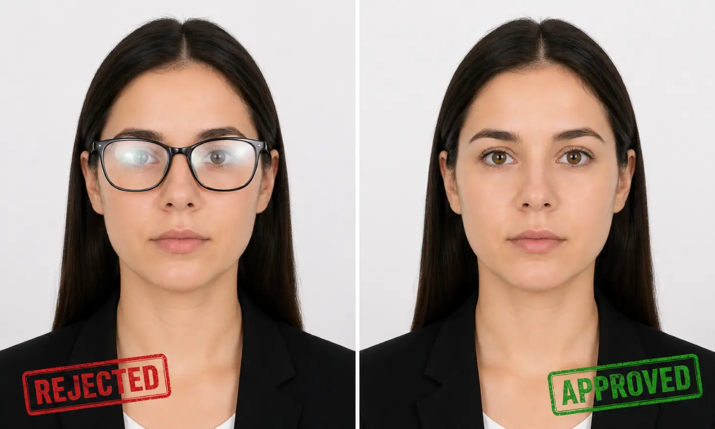 examples of Australian passport photos with and without glasses