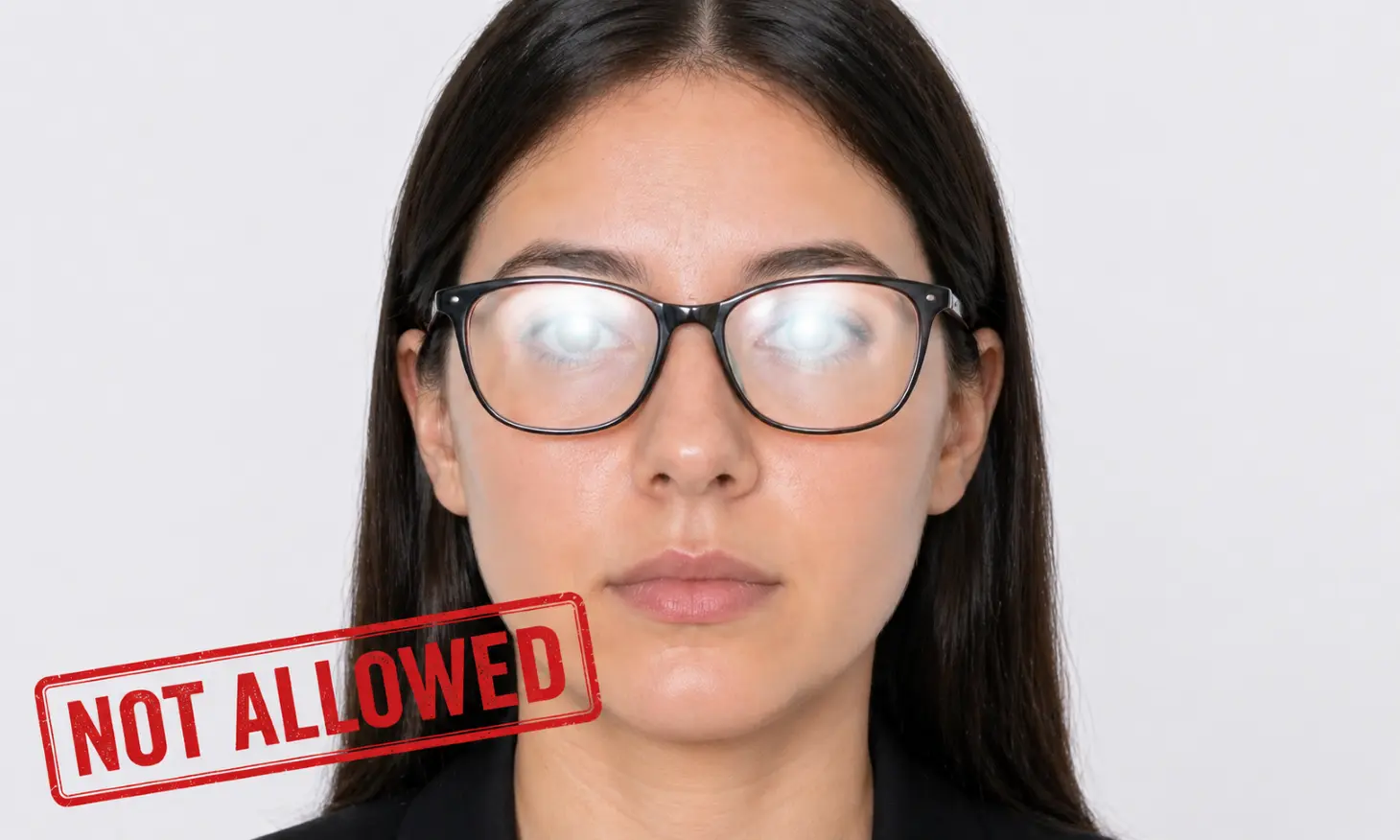 example of glare on glasses in a passport photo