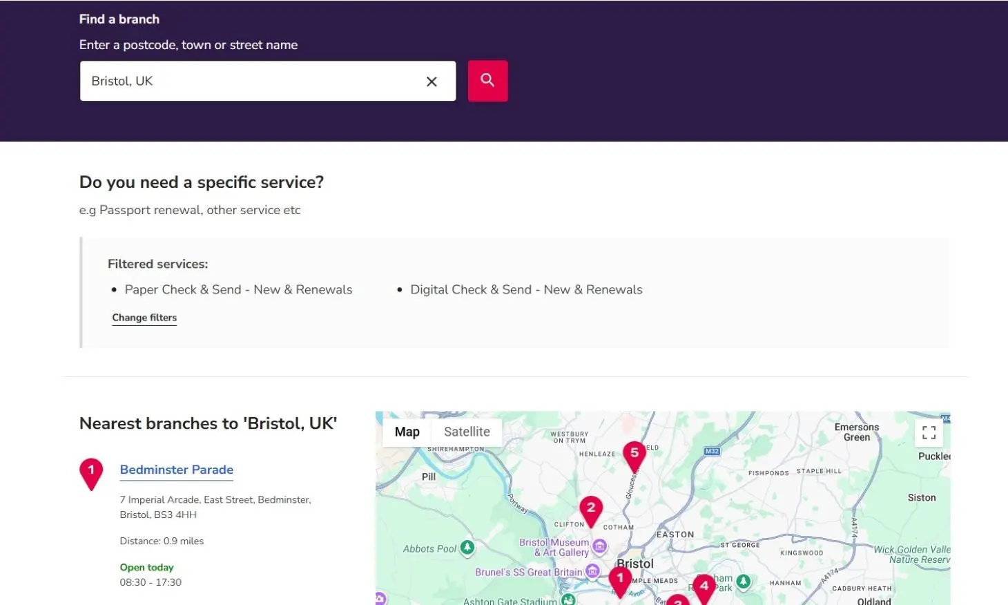 Post Office branch finder screenshot