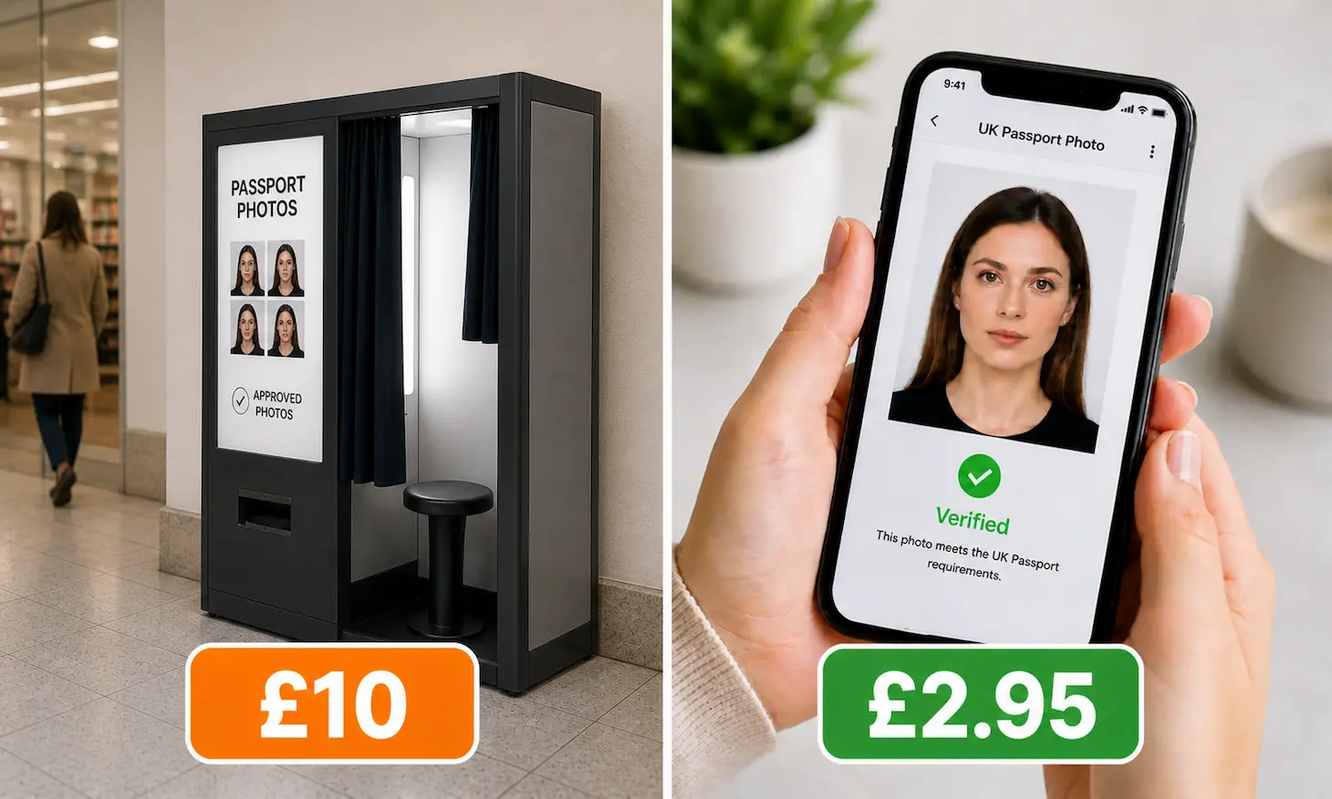 a £10 Sainsbury's passport photo booth and the £2.95 passport photo service