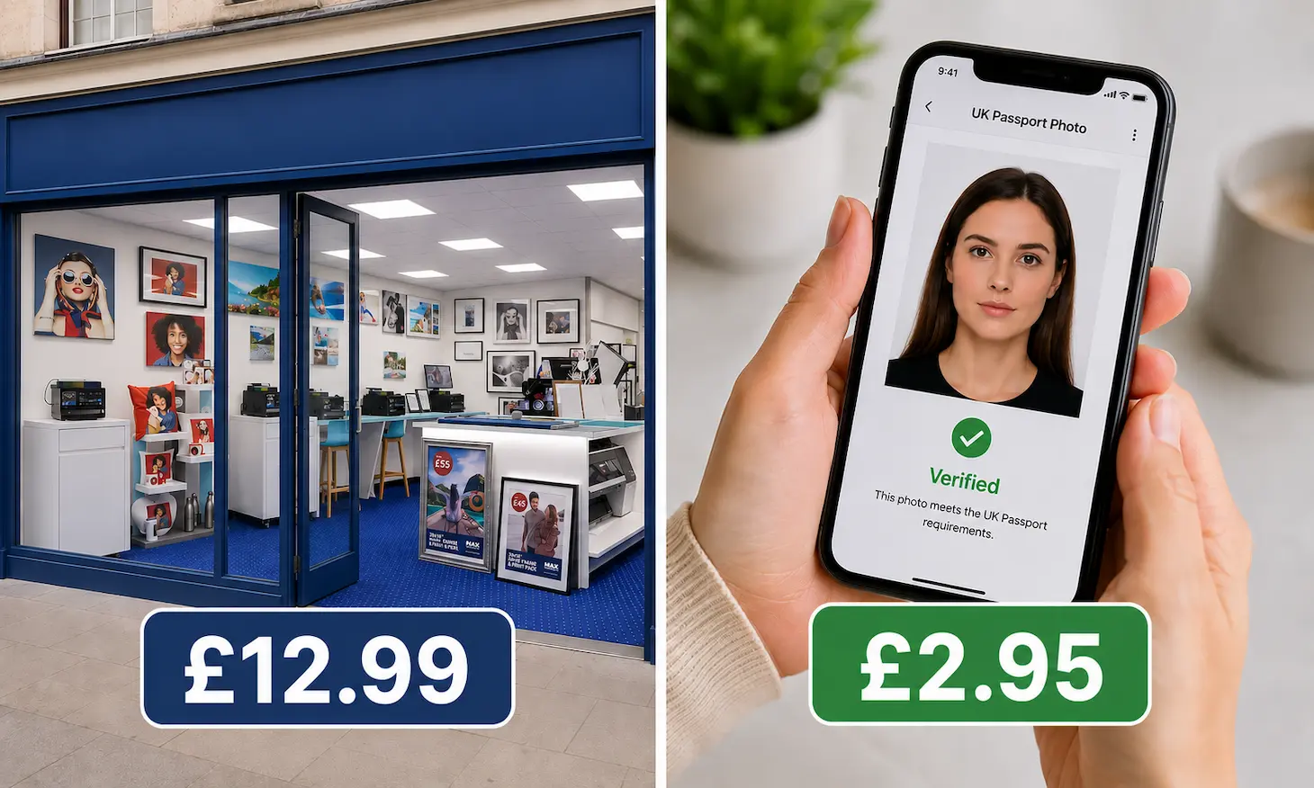 a price comparison image showing a Max Spielmann store interior and a phone with a verified UK passport photo