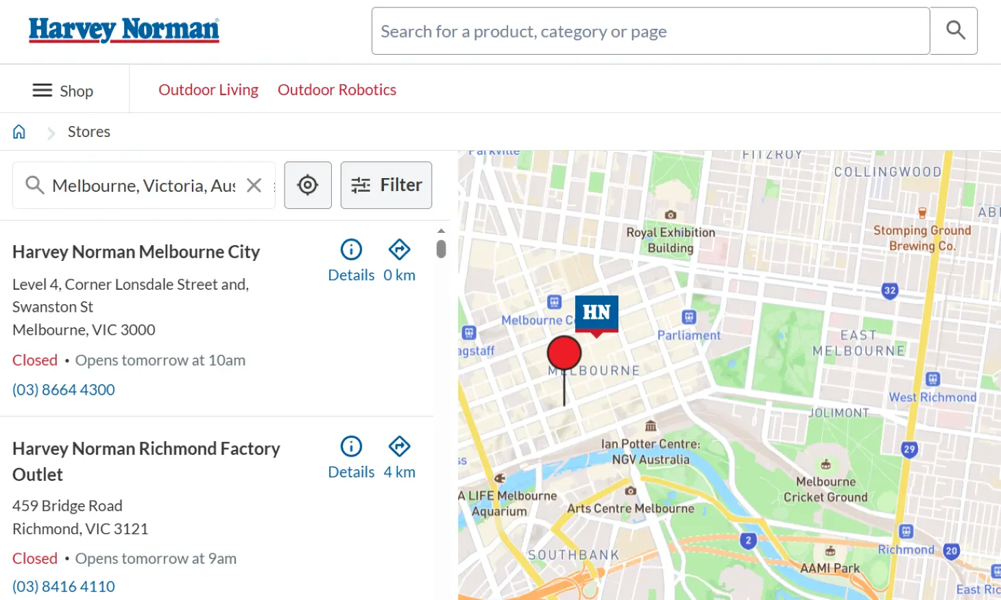 Harvey Norman store locator showing the search box, Filter button, store list, and map