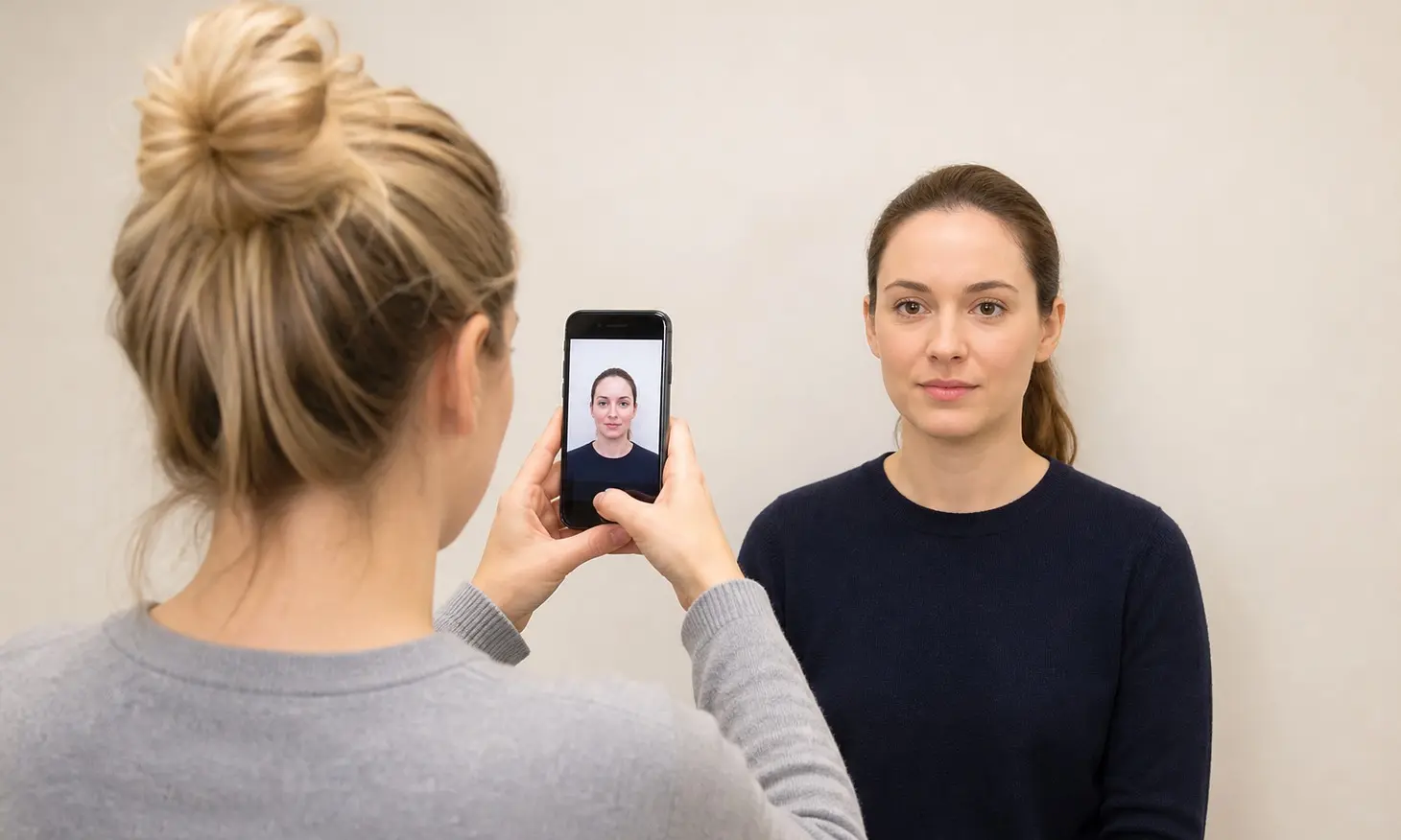 Taking a UK passport photo at home: subject against a plain wall while a helper holds a phone