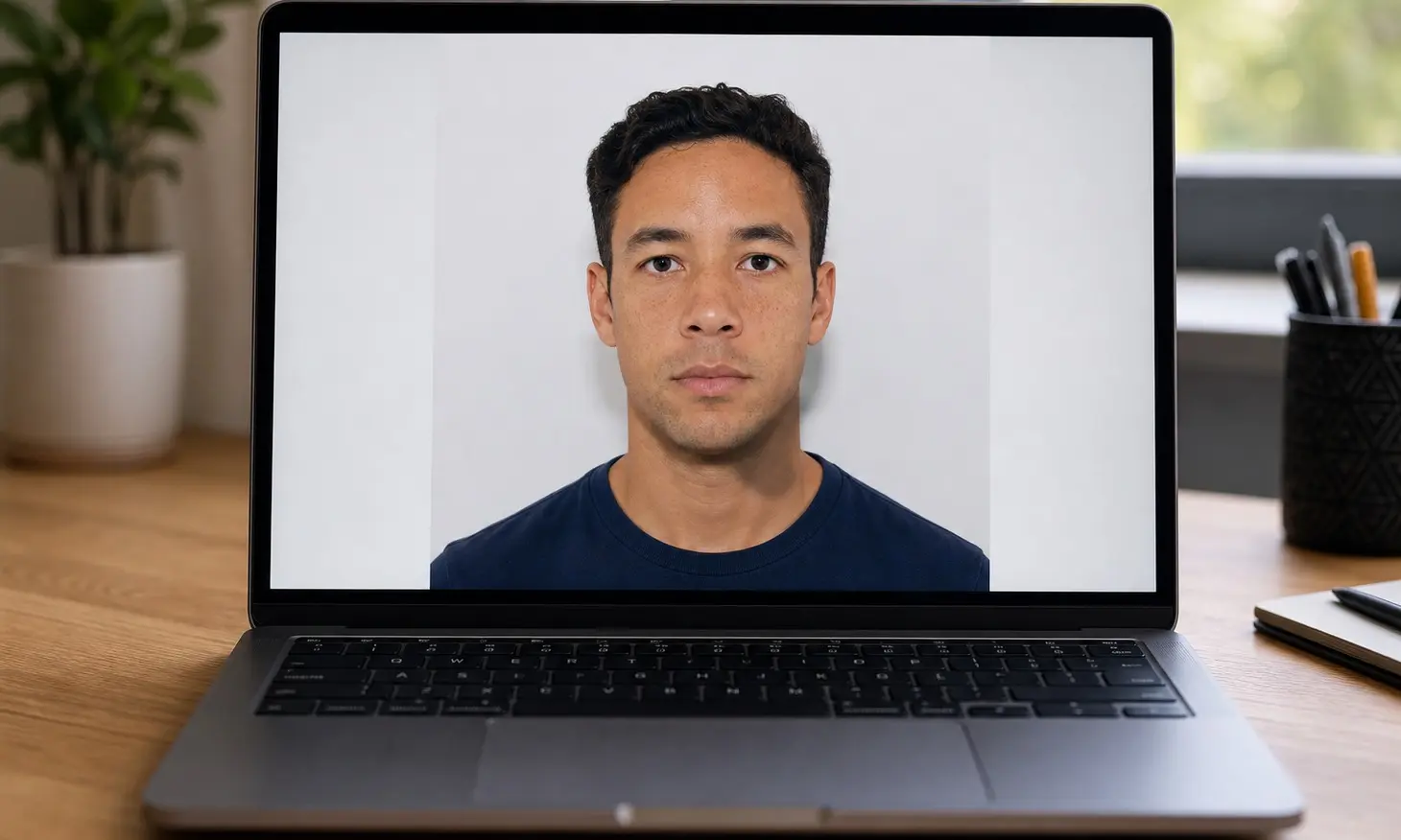 Laptop on a desk showing a zoomed UK passport photo, the kind of view where a slight chin or neck shadow is easy to miss