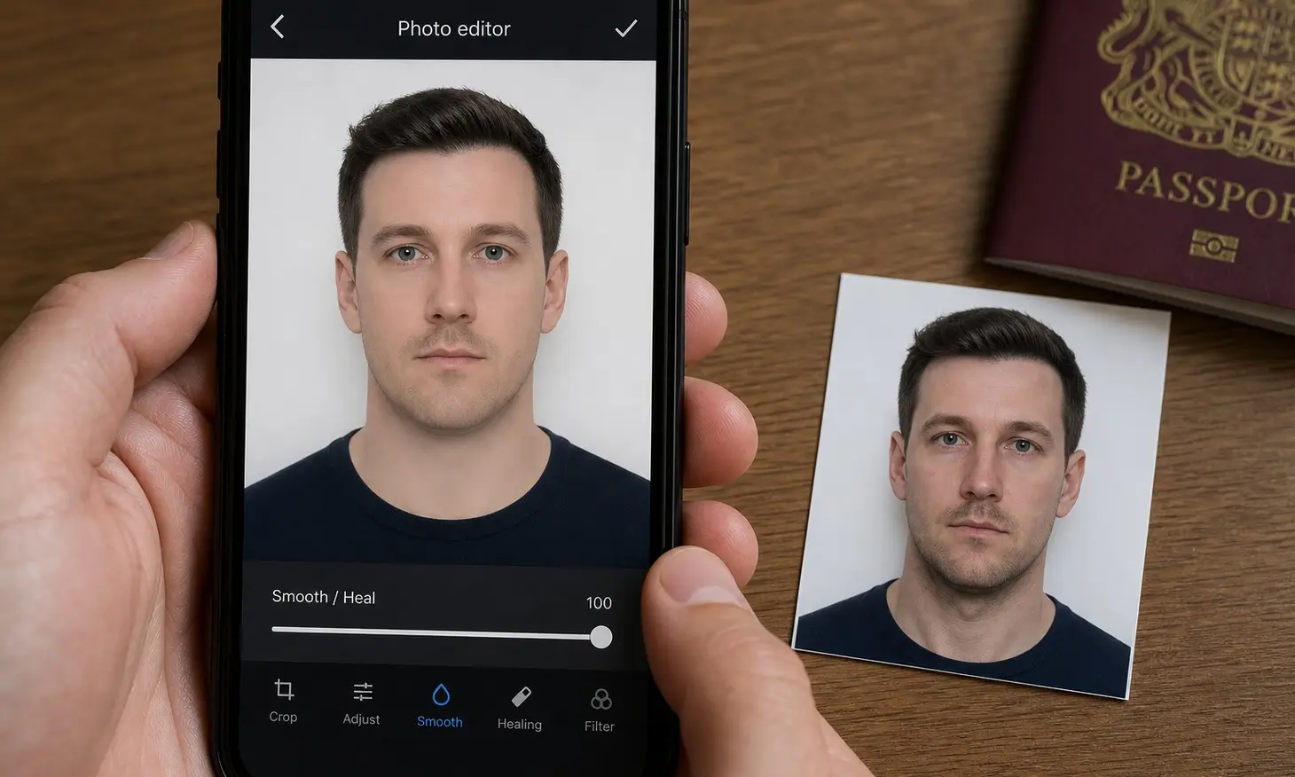 Hands holding a phone photo editor next to a printed UK passport photo, showing why digitally smoothing a shadow is a risk