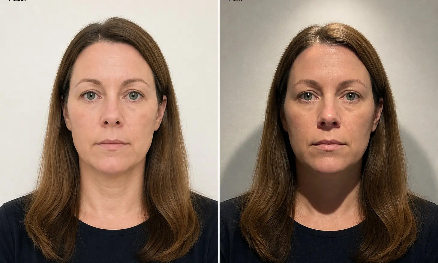 Side-by-side passport photo lighting example labelled Pass with even light and Fail with chin, neck and background shadows