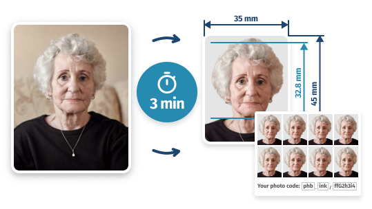 image of an elderly woman indoors, formatted as a Tesco passport photo sheet 