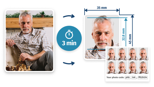 image of an older man seated indoors, turned into a standard Tesco passport photo layout 