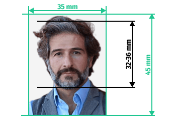 example of a UK passport photo with correct dimensions, 35x45 mm size and head height guidelines 