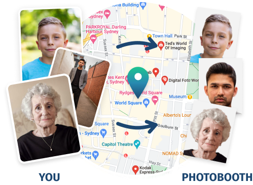 pictures of a child, woman and man converted into passport photos with an Australian city map in the background 