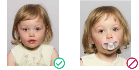 UK baby passport photo example: correct child photo vs. rejected image with dummy obscuring mouth 