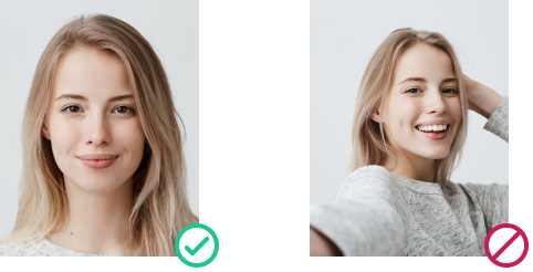 Example of correct UK passport photo proportions with centred head vs. invalid selfie with incorrect framing 