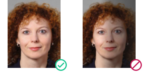 UK passport photo example: correct evenly lit photo vs. rejected image with shadows and poor lighting 